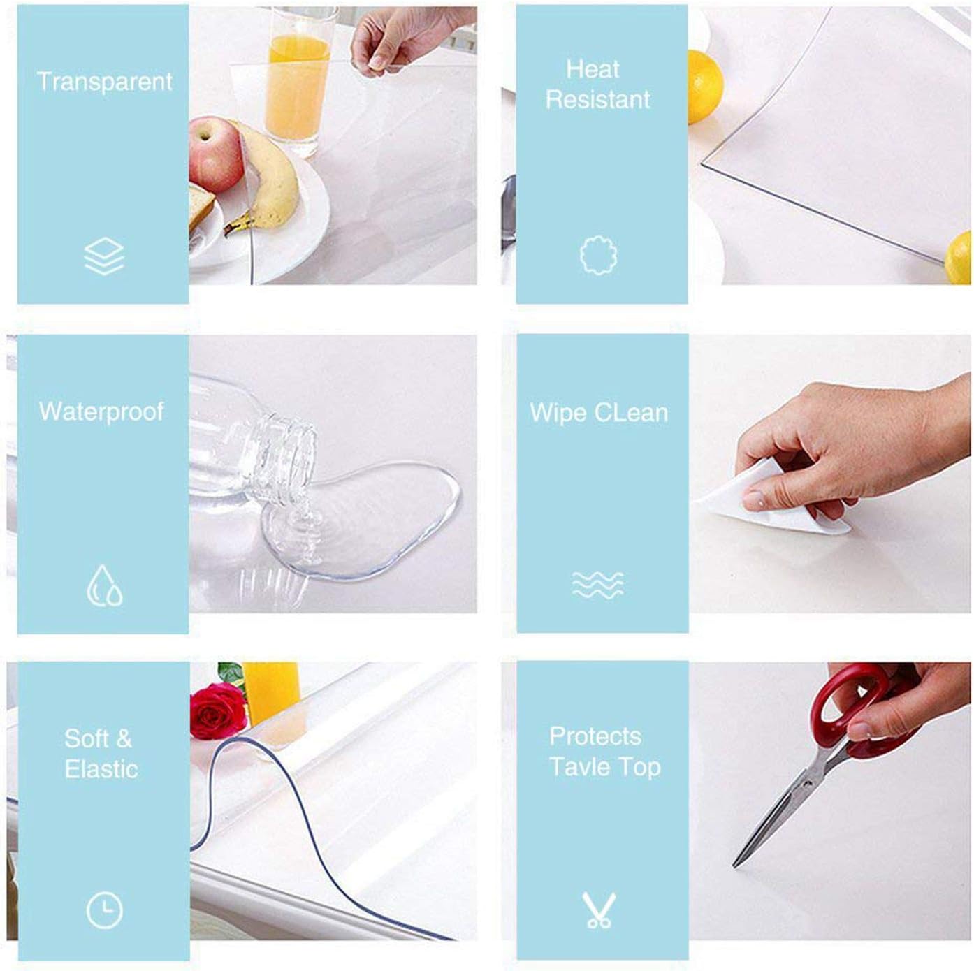 Collage of a transparent product being used in various scenarios with text labels on a white background.