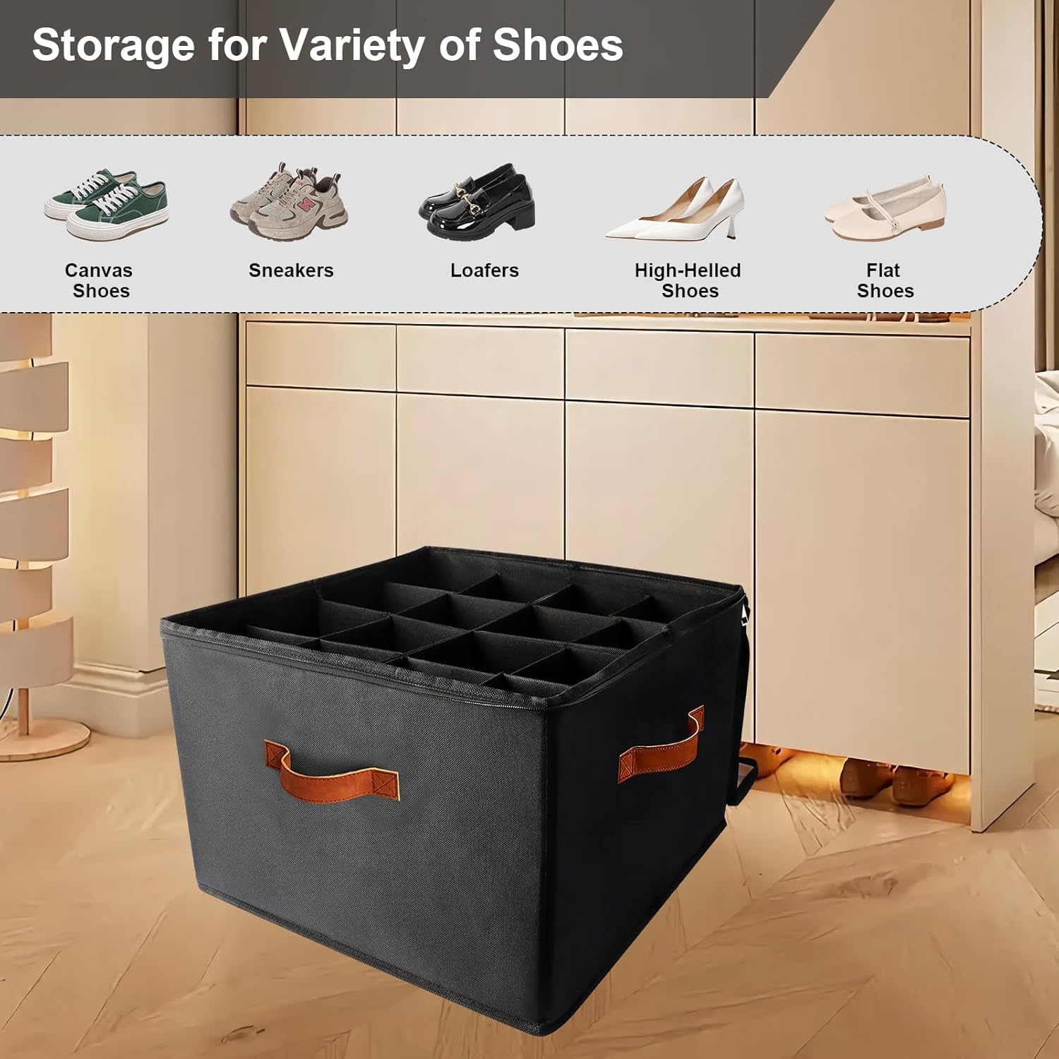 Hiyorsoa 16-Grid Adjustable Shoe Organizer with Clear Dust Cover, Foldable