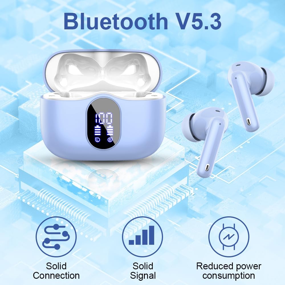 Wireless earbuds with charging case on a blue background