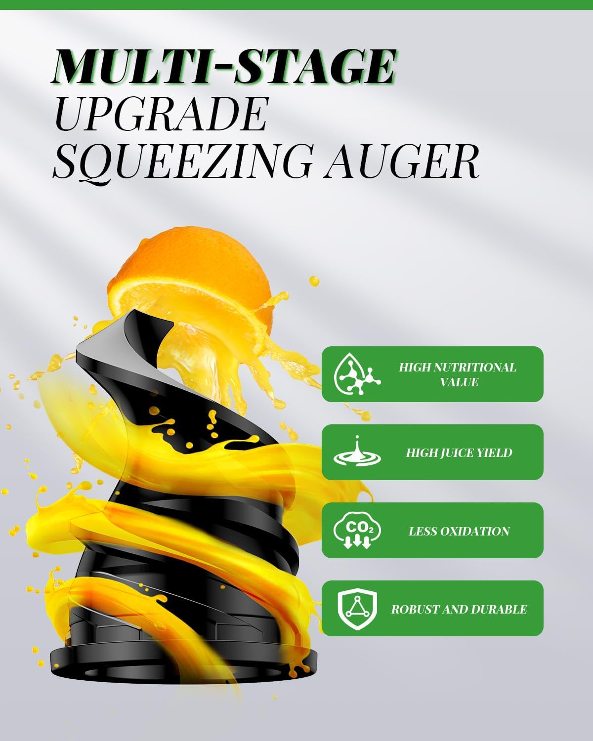 Multi-stage squeezing auger with orange juice and features listed on a gray background