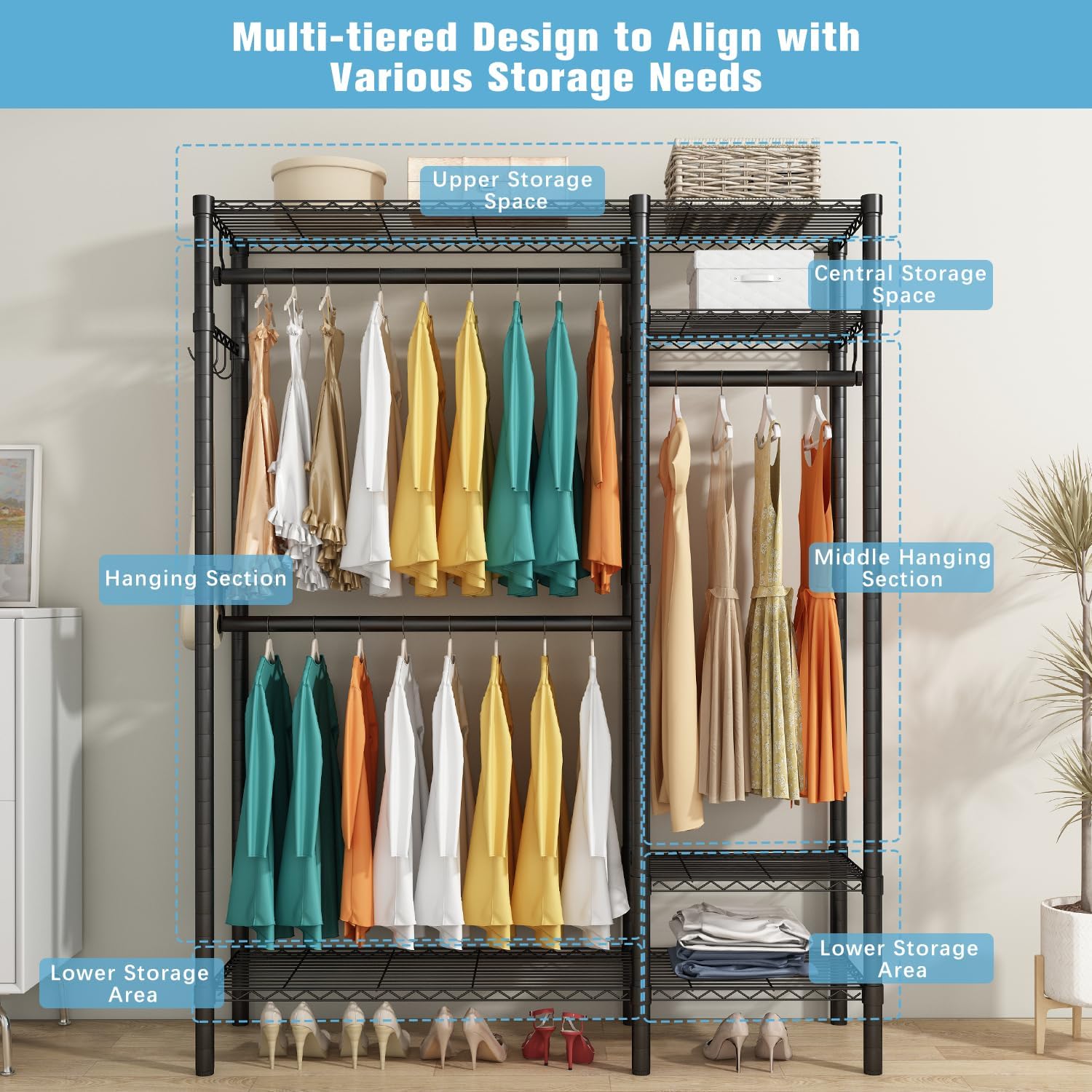Clothes Rack Heavy Duty 3 Rods 4 Shelves Adjustable Metal Organizer KZOBYD