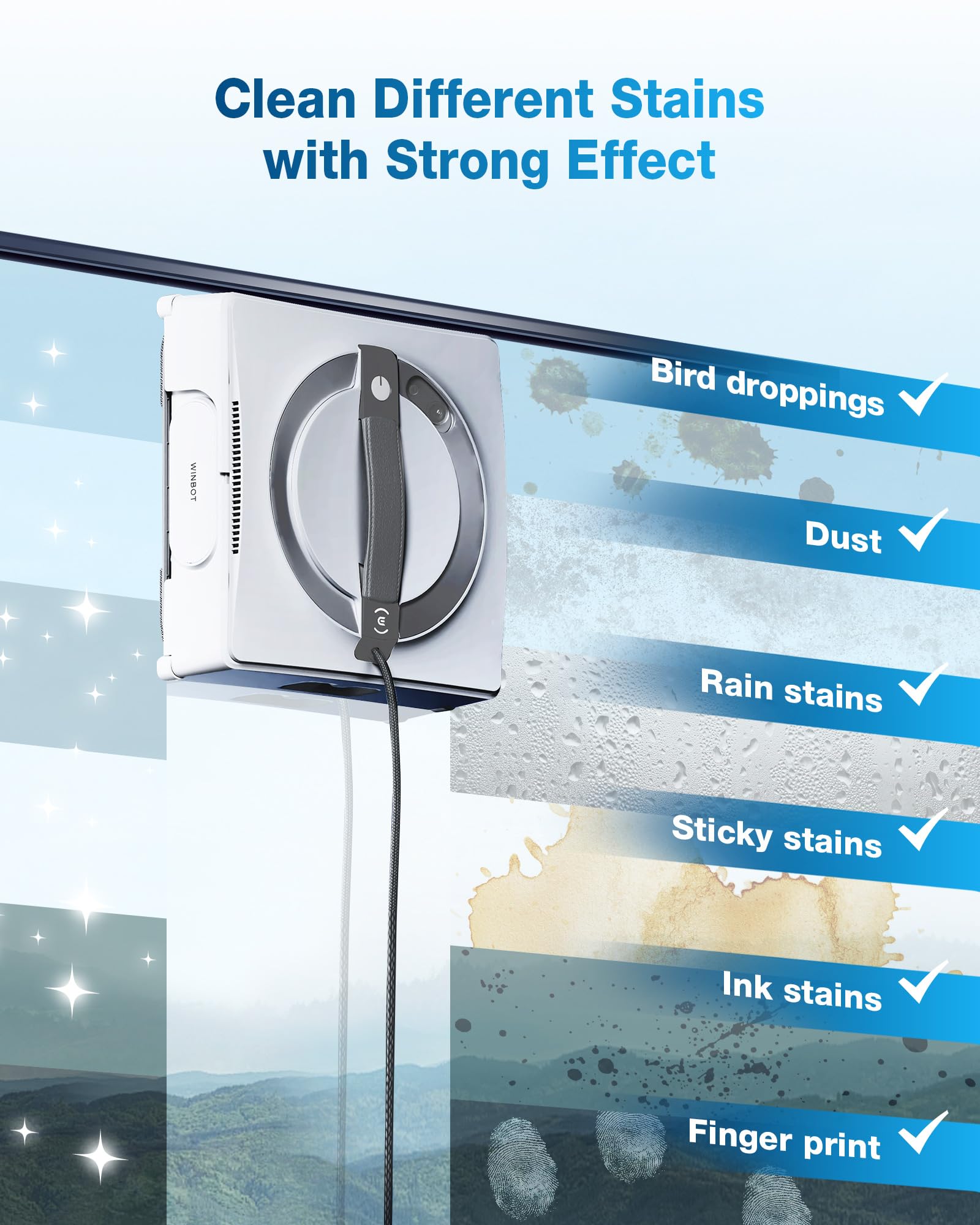Cleaning device with text indicating its effectiveness against various stains on a blue background
