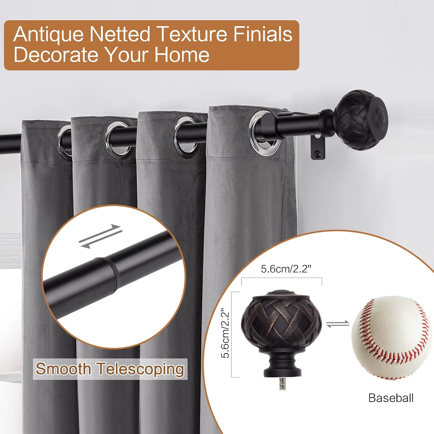 2pcs SZXIMU Curtain Pole 182-365cm (72-144''), Extendable, Netted Finials, Black