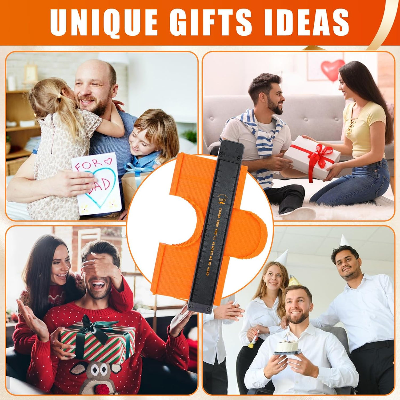 Collage of people with unique gifts and a product in the center, labeled 'UNIQUE GIFTS IDEAS'.