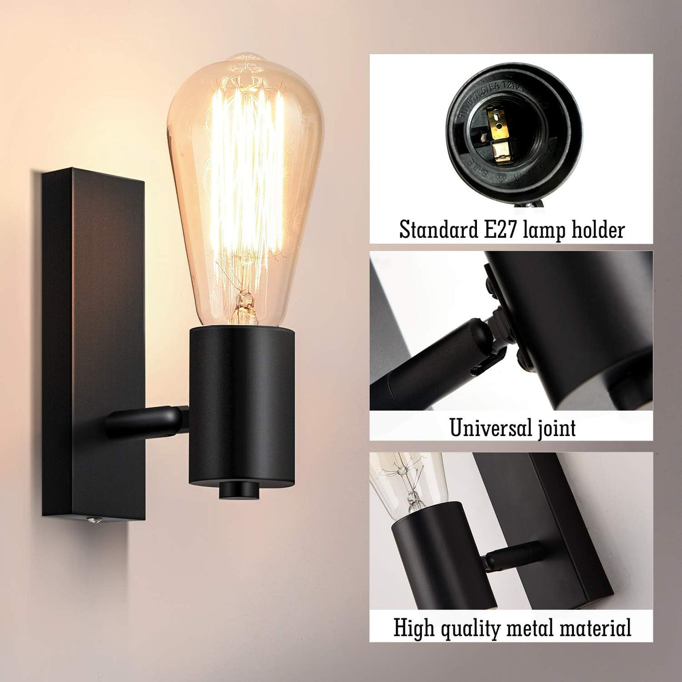 Black wall light fixture with detailed components on a neutral background