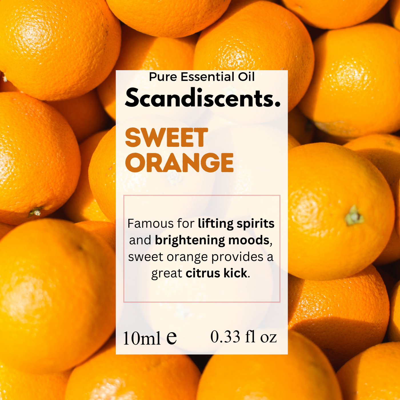 Scandiscents Sweet Orange essential oil packaging surrounded by oranges