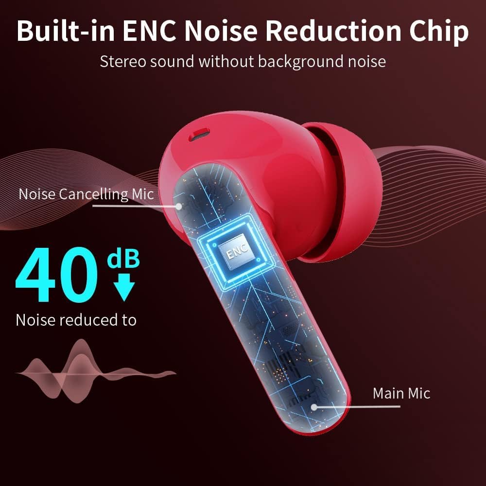 Red wireless earbuds with noise reduction chip illustration on a dark background