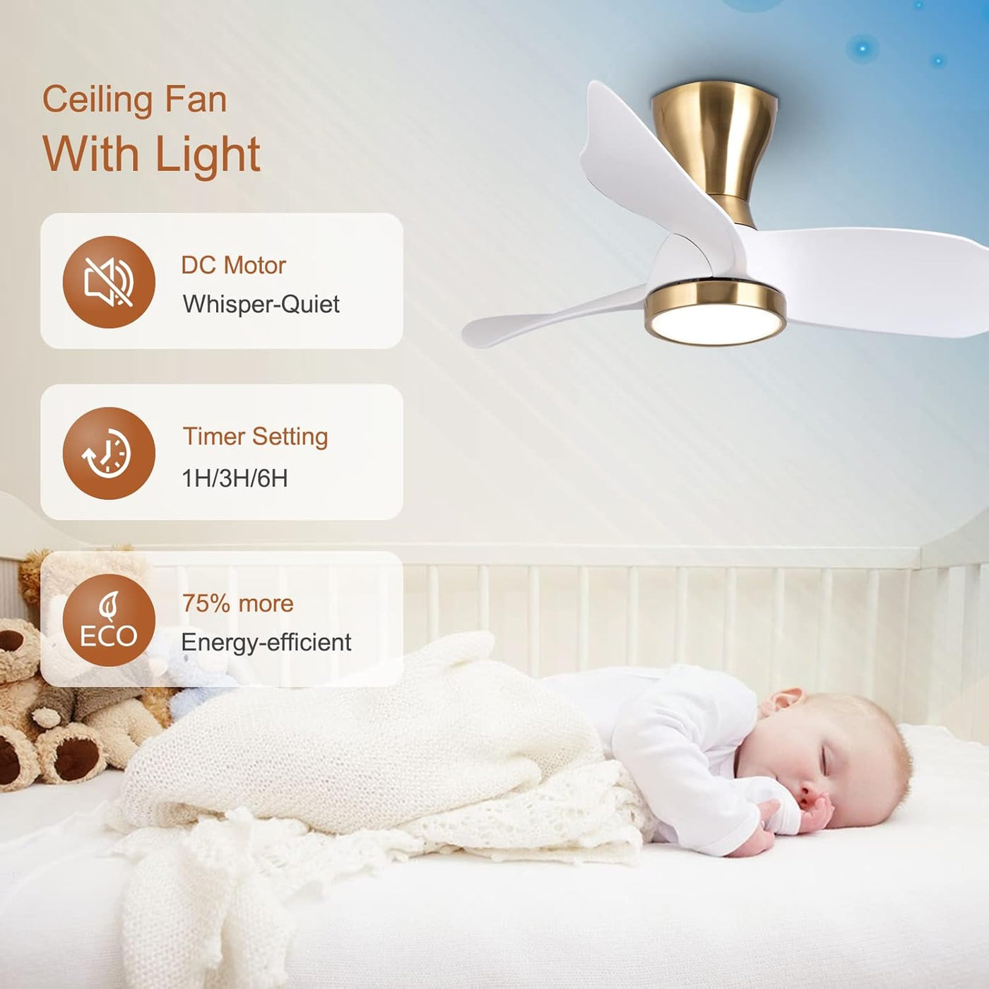 Reiga 91cm Flush Mount DC Ceiling Fan with Dimmable Light & Remote, Modern Style