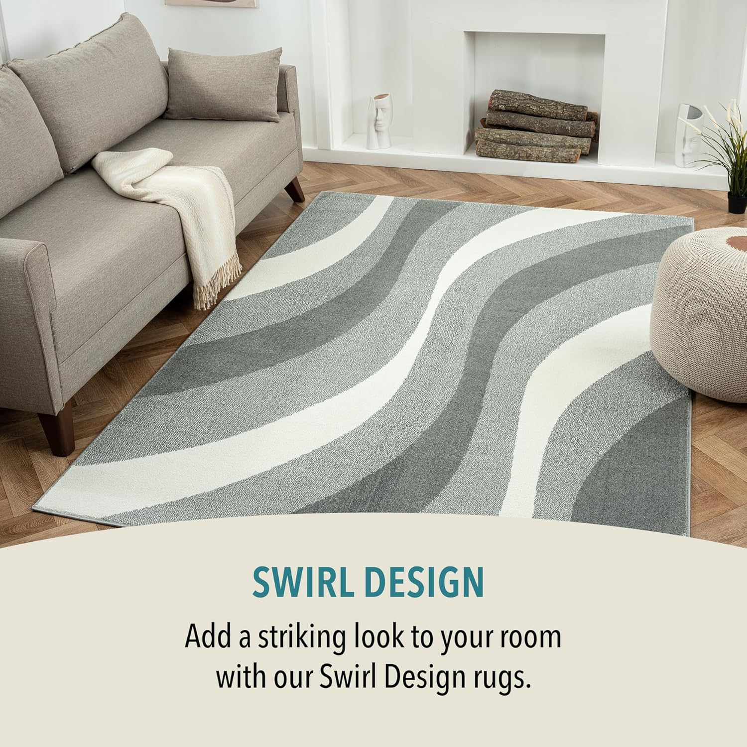 Swirl Medium Area Rug 160x230cm, Vibrant Short Pile, High-Traffic, Natural
