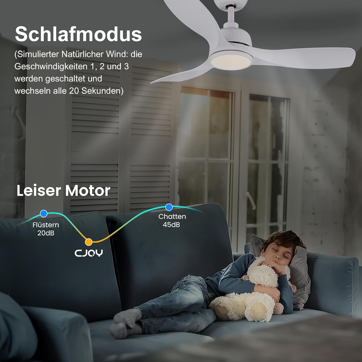 CJOY 42" White Ceiling Fan with Light & Remote, 3 Blades, Quiet DC Motor, Timer