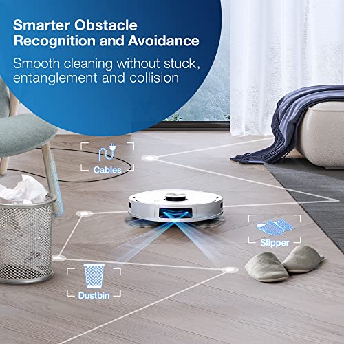 Robotic vacuum cleaner in a living room with obstacles detected on a wooden floor.