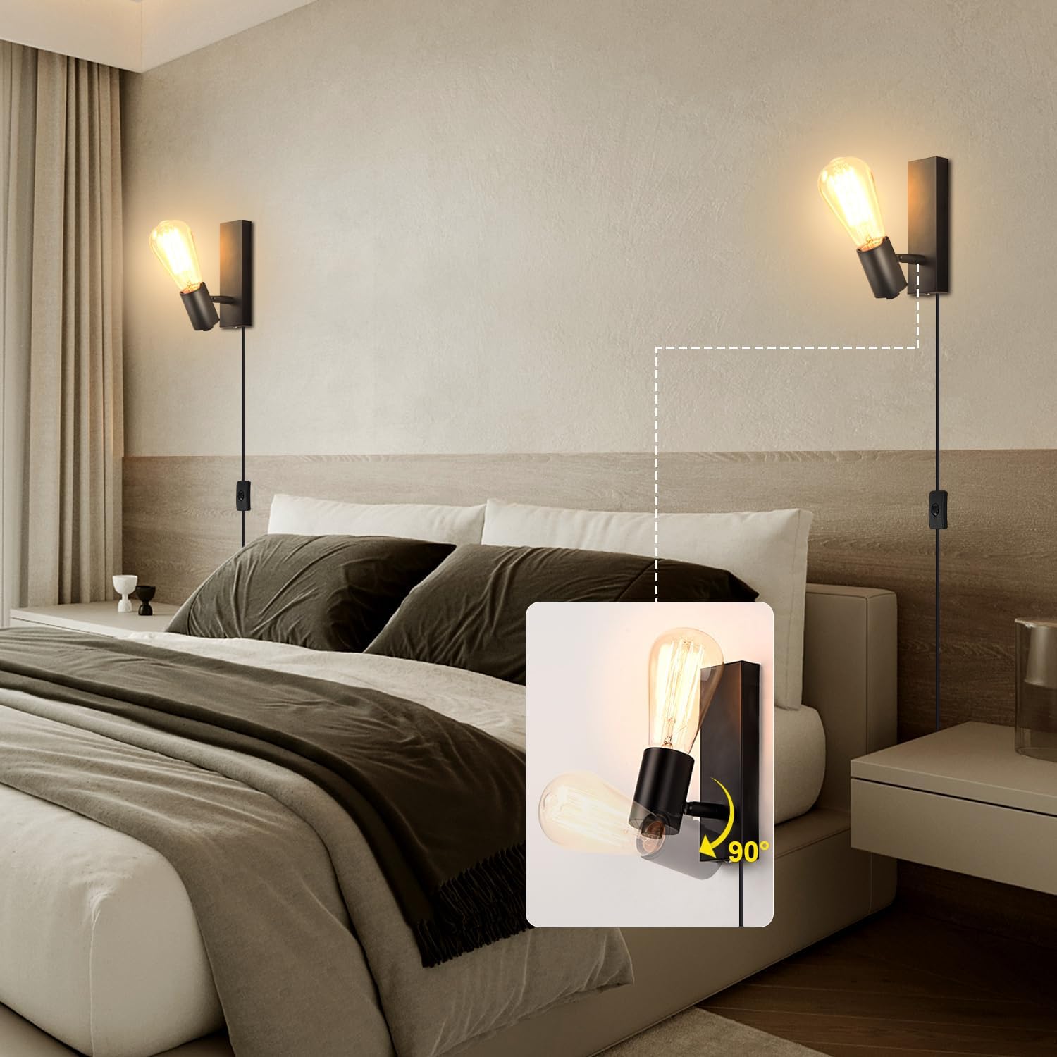 Modern bedroom with wall-mounted lights and a bed.