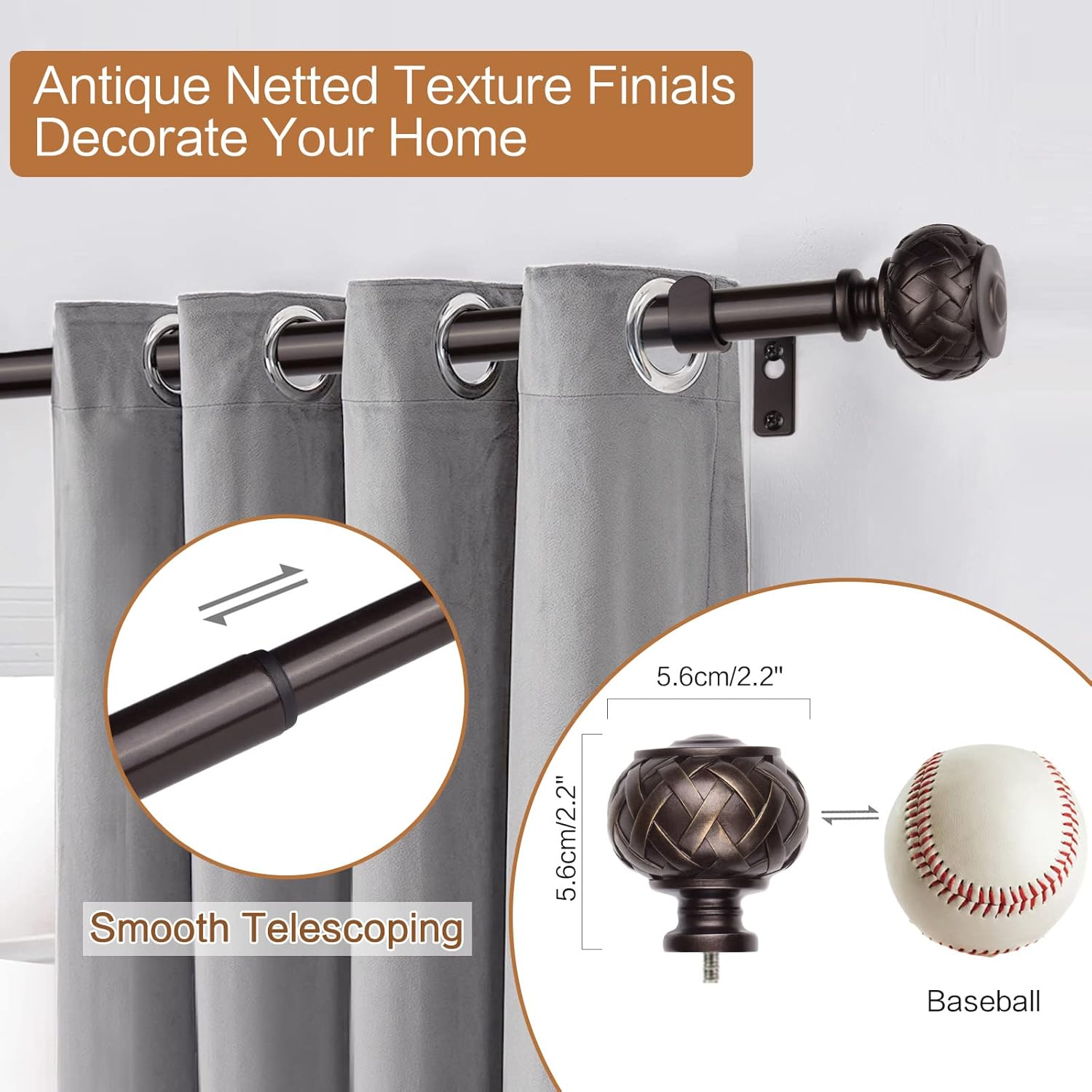 3pcs SZXIMU Curtain Pole 182-365cm (72-144''), Extendable, Netted Finials, Brown