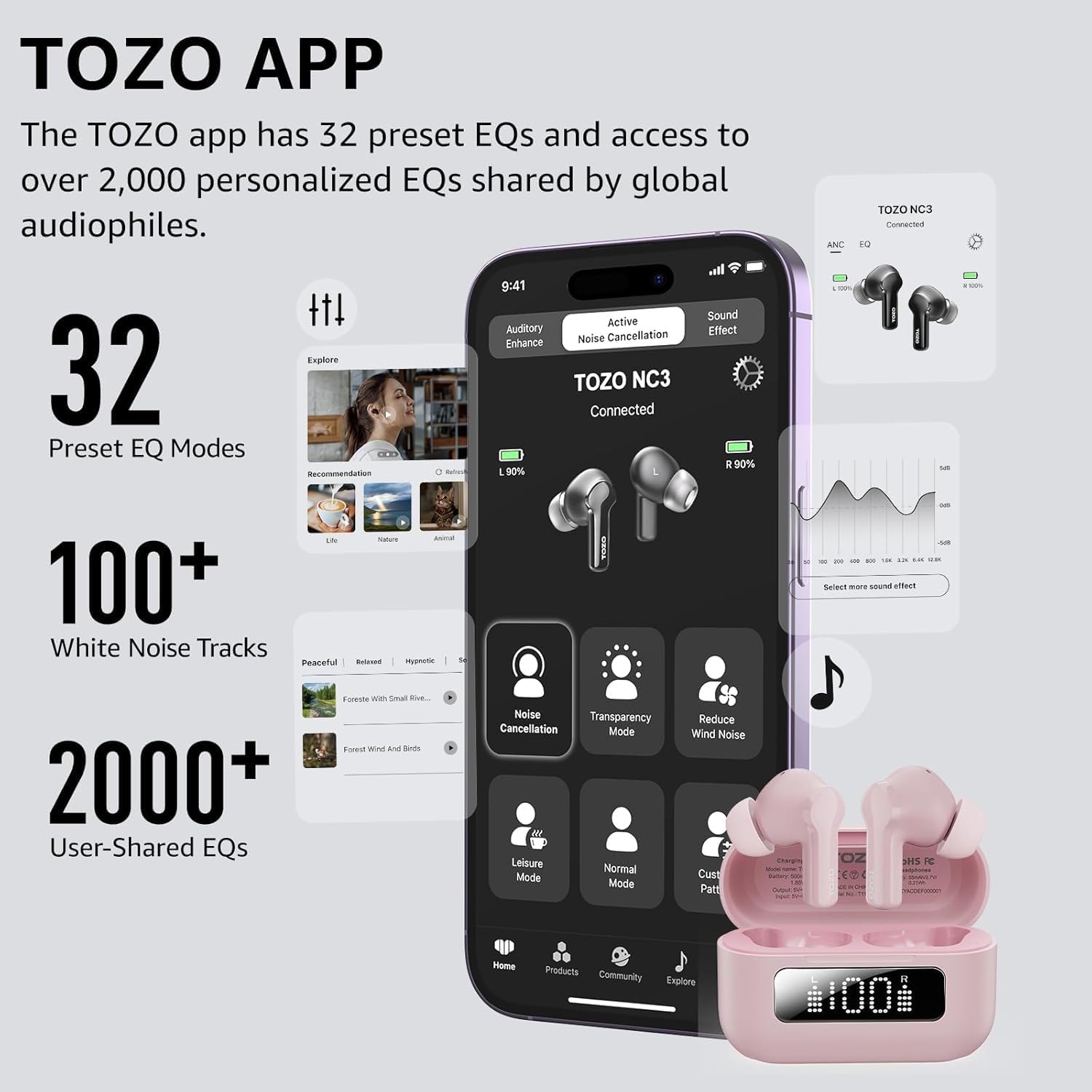 Smartphone displaying TOZO app with earbuds and charging case on a light gray background