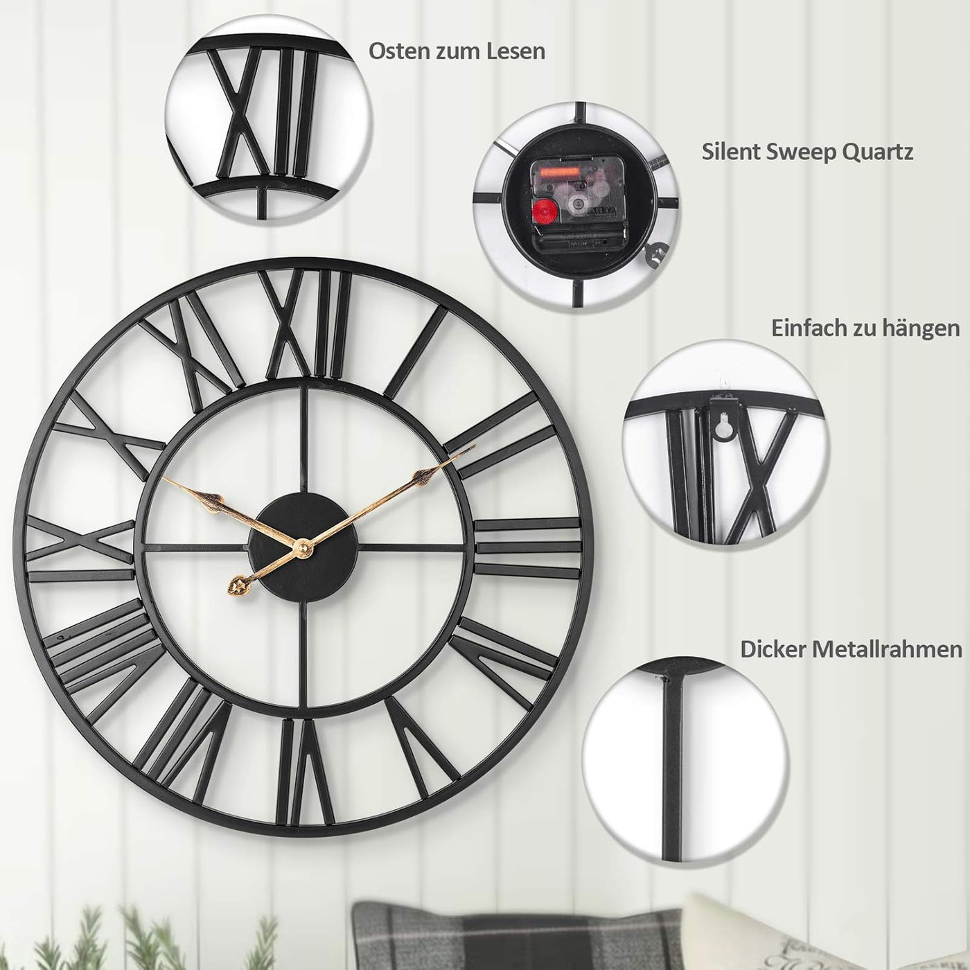 Silent Wall Clock Vintage Metal Skeleton Roman Numerals Farmhouse ARVINKEY