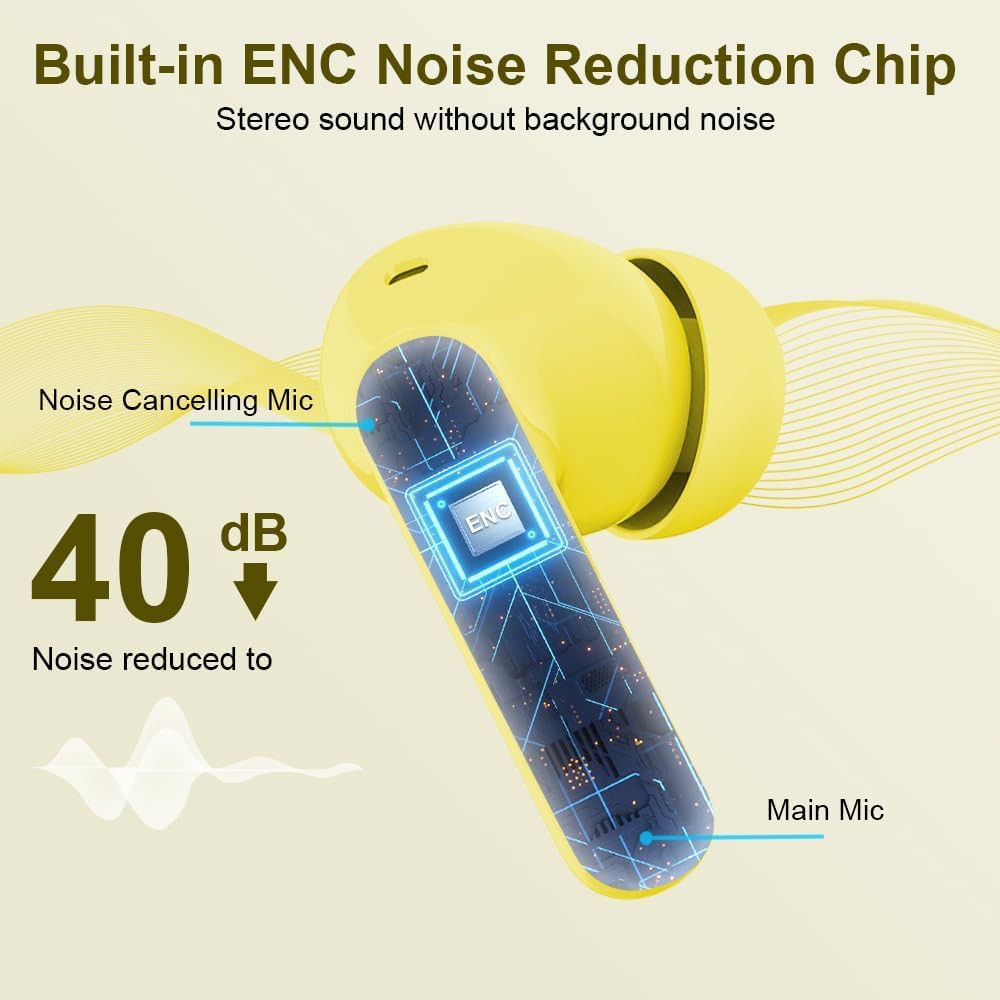 Yellow earbuds with noise reduction chip illustration on a beige background