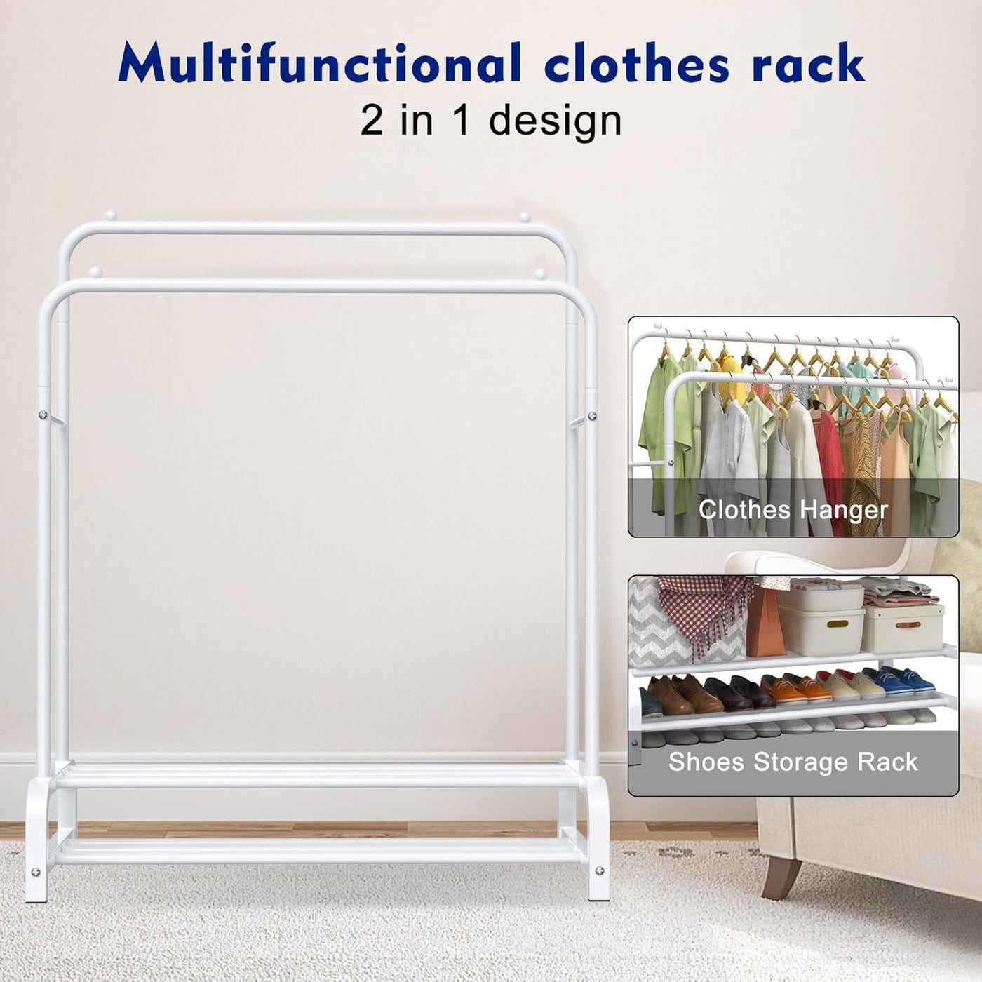 Multifunctional clothes rack with clothes hanger and shoes storage on a neutral background