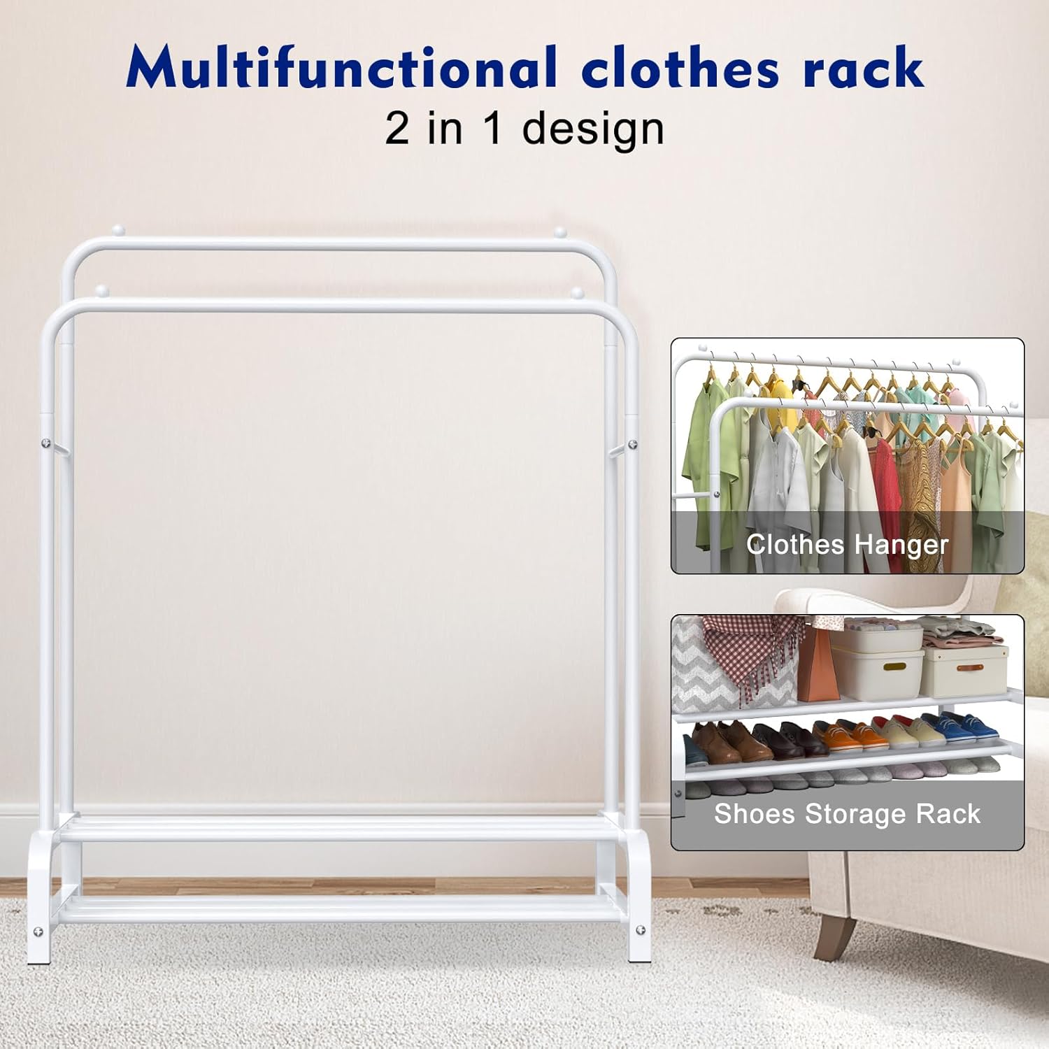 Multifunctional clothes rack with clothes hanger and shoes storage on a neutral background