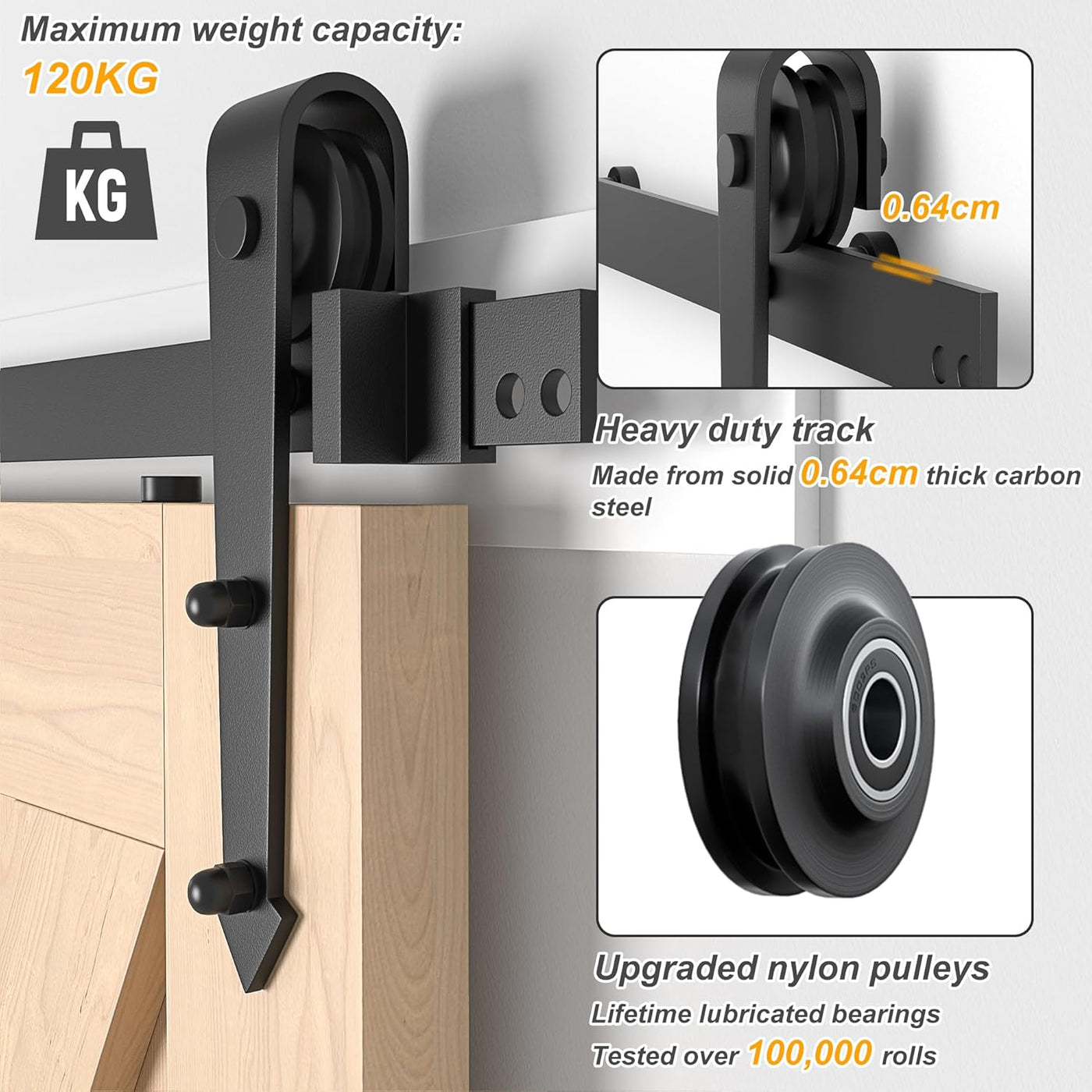 Heavy-duty sliding door track system with specifications on weight capacity, material, and features.