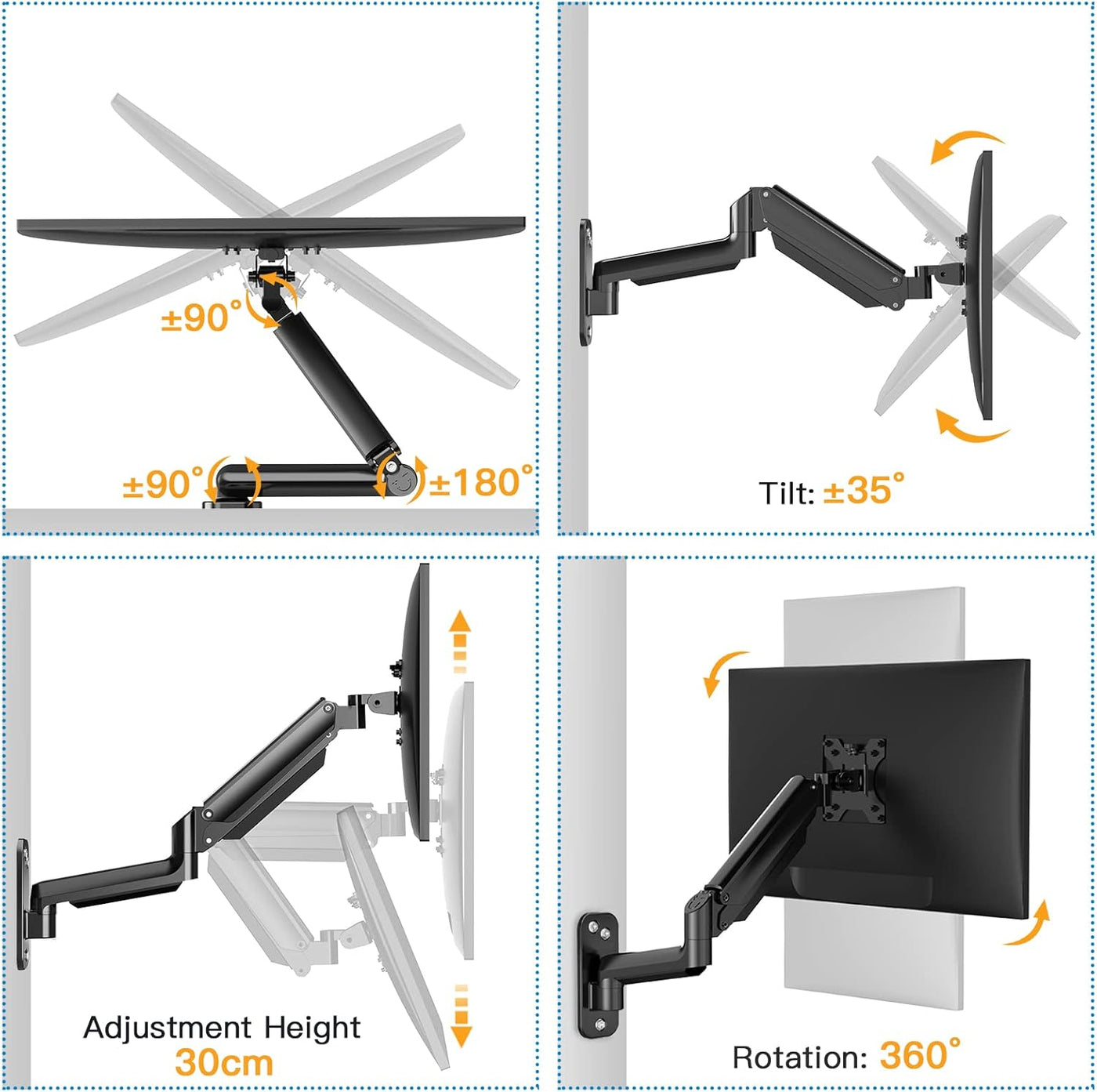 HUANUO 17–32" Monitor Wall Mount, Gas Spring Arm, VESA 75/100