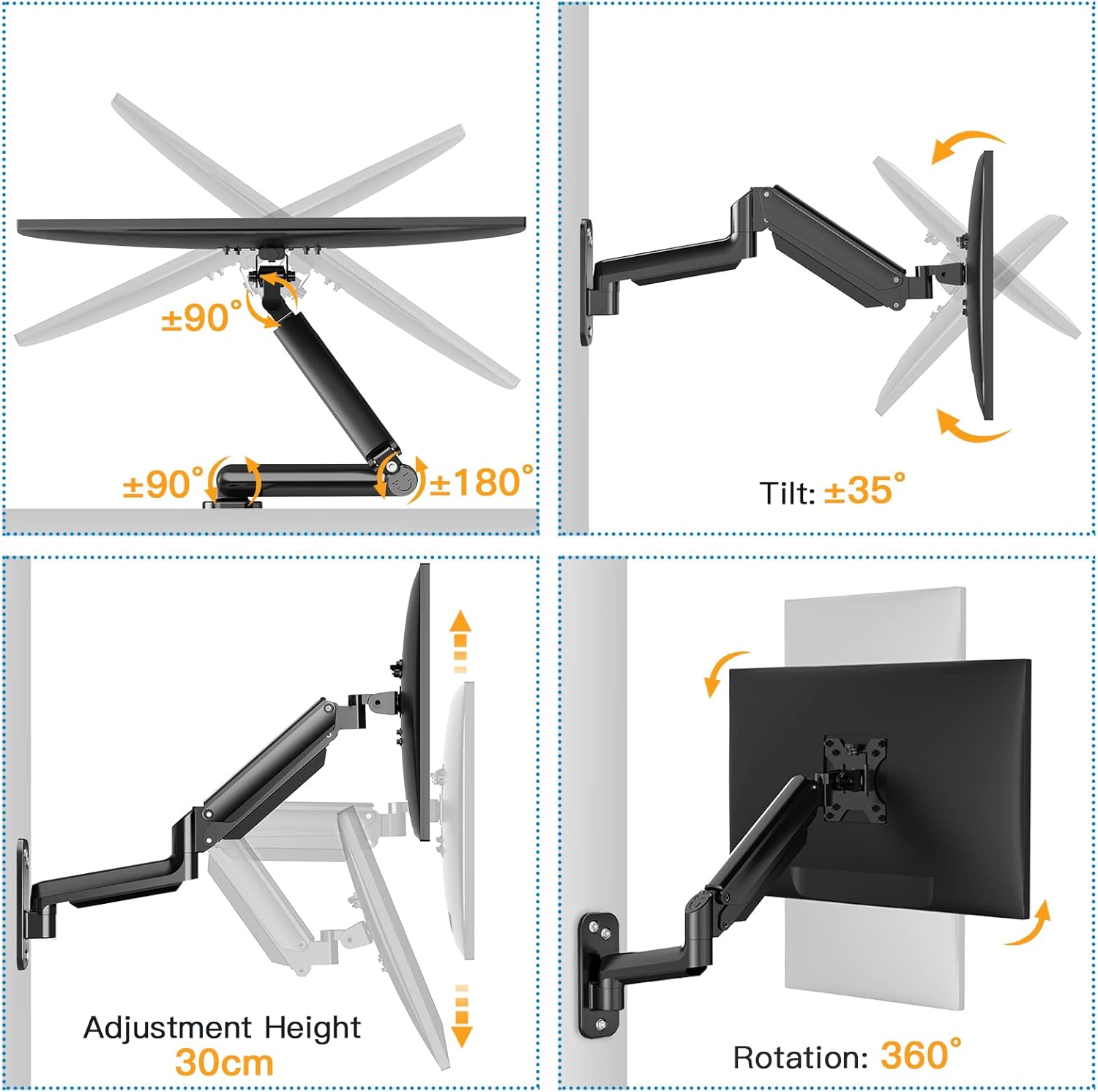 HUANUO 17–32" Monitor Wall Mount, Gas Spring Arm, VESA 75/100