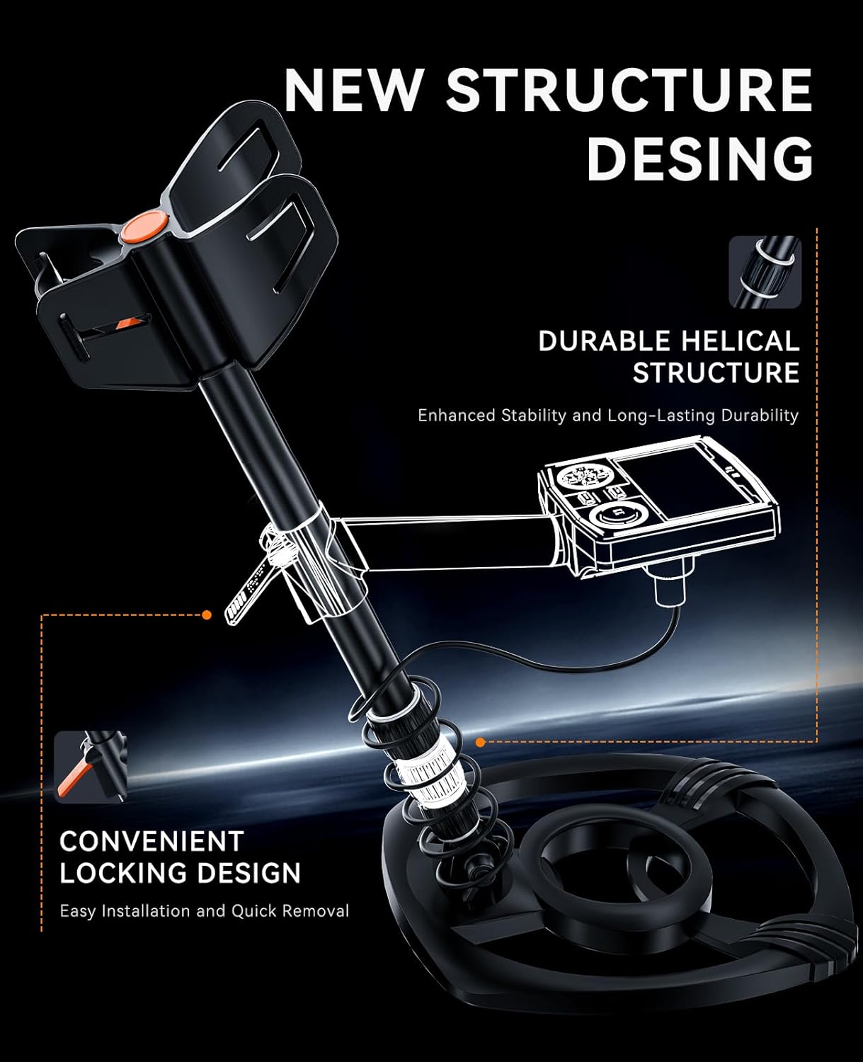 Steering wheel lock with text highlighting features on a dark background