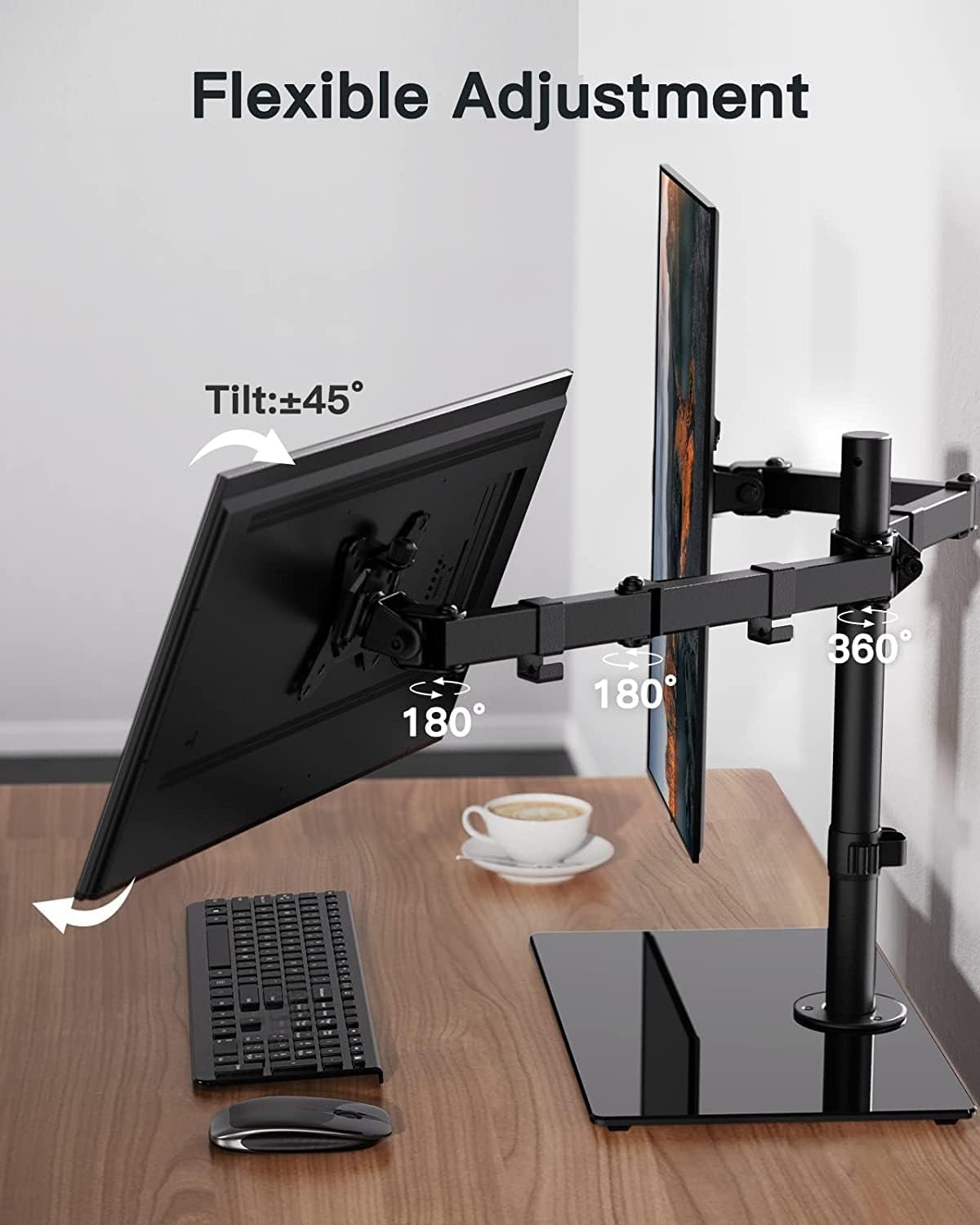 Monitor stand with flexible adjustment features on a desk.