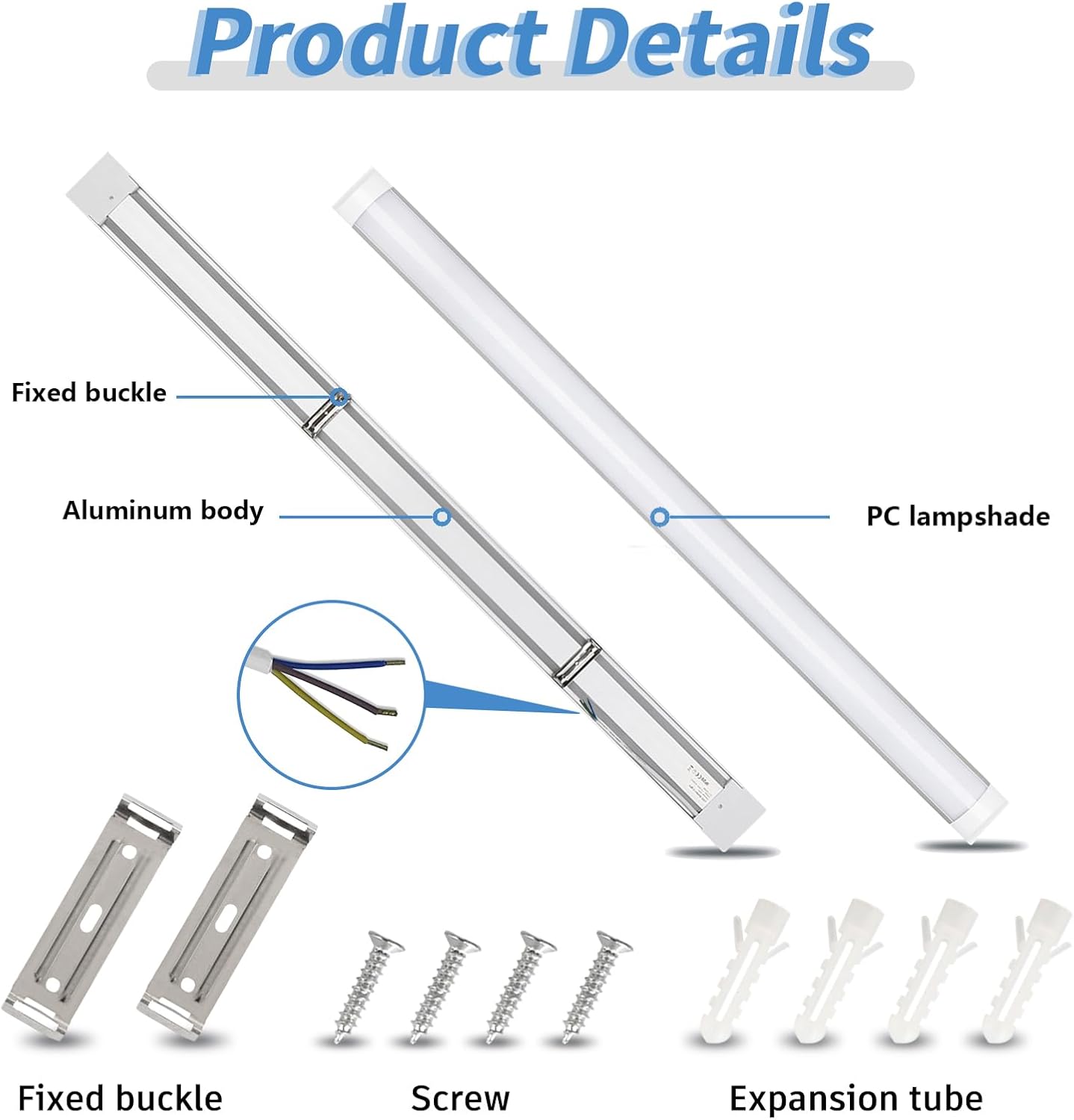 Diagram of a LED tube light with labeled parts on a white background