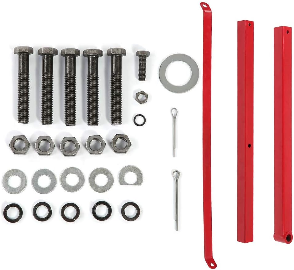 Mechanical parts including bolts, nuts, washers, and red metal brackets on a white background