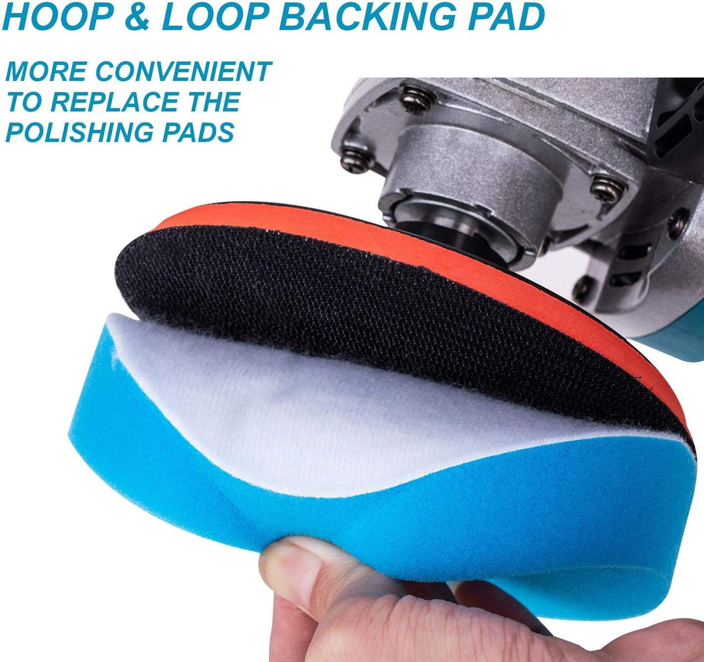Polishing pad with hoop and loop backing pad held by a hand, with text about its convenience.