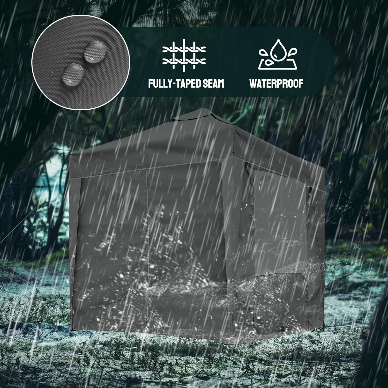 Waterproof jacket with fully taped seam feature in a rain scene