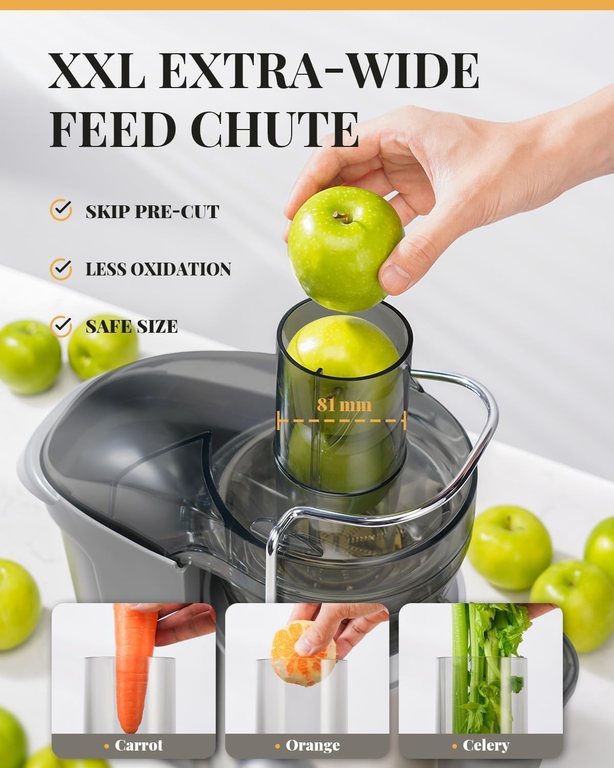 Juicer with XXL extra-wide feed chute being used to juice apples, carrots, oranges, and celery.