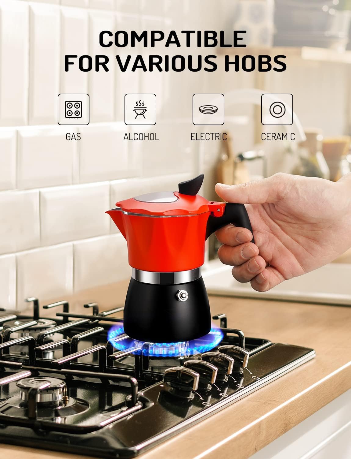 Stovetop Coffee Maker Italian Espresso Moka Pot Transparent Lid Red TWOMEOW