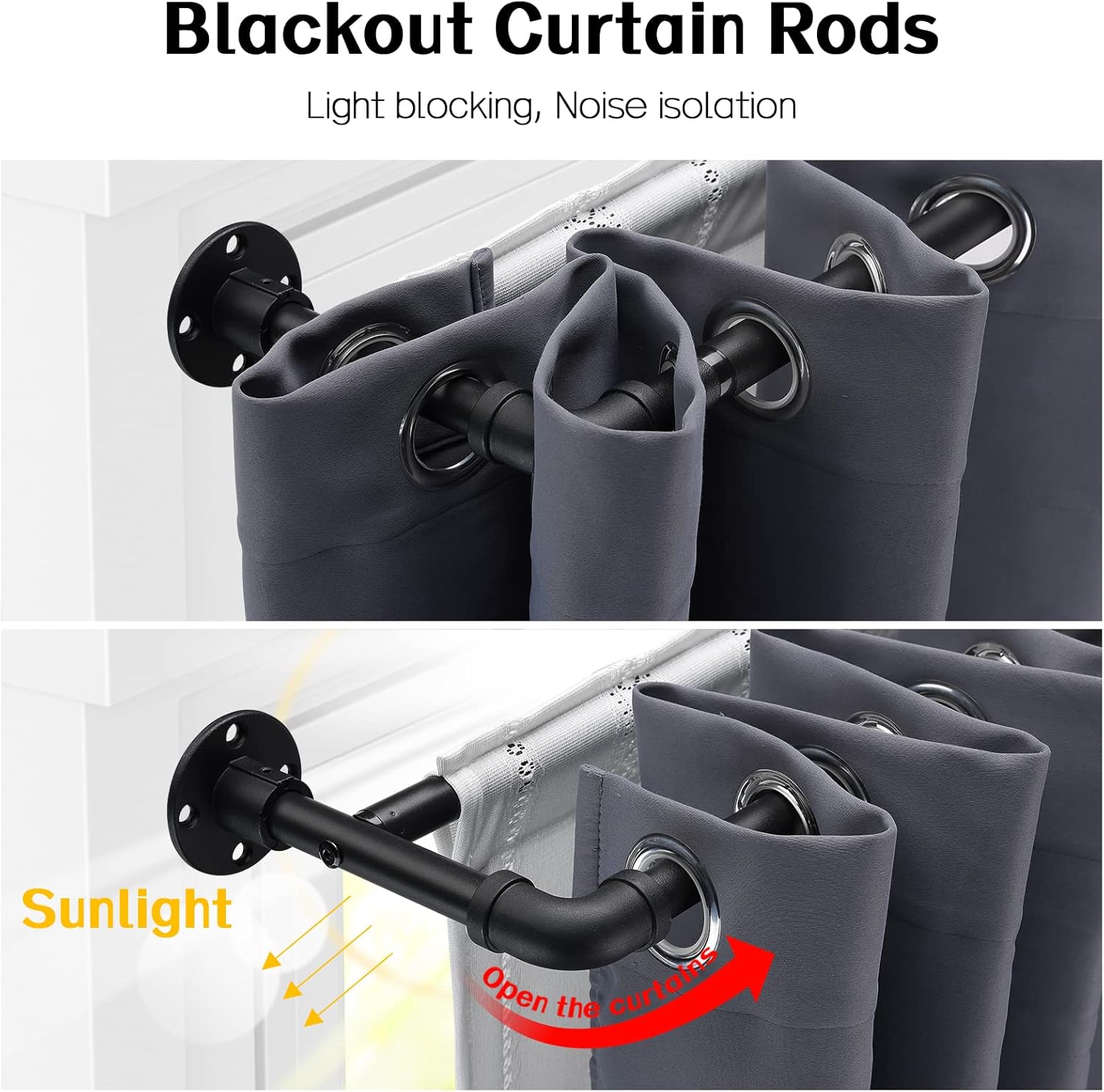 Blackout curtain rods with gray curtains, showing light blocking and noise isolation features.