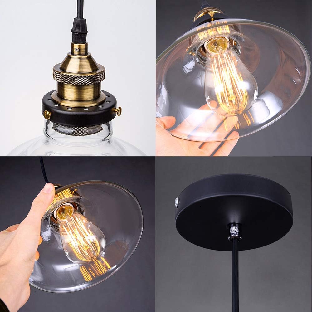Collage of a pendant light fixture with a clear glass shade and gold bulb holder.