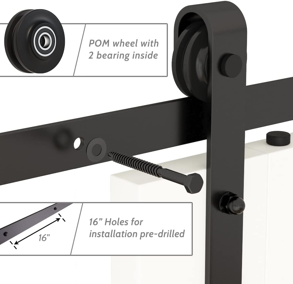 Black metal sliding door hardware with POM wheel and bearing, and pre-drilled holes for installation.