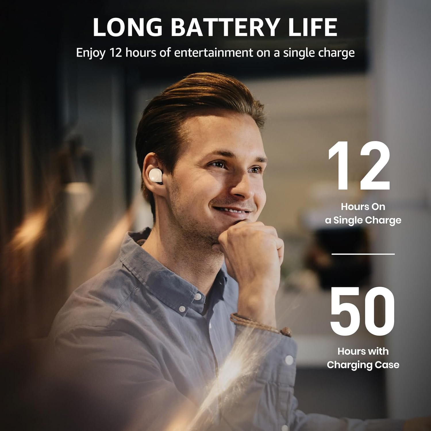 Man wearing wireless earbuds with battery life text overlay