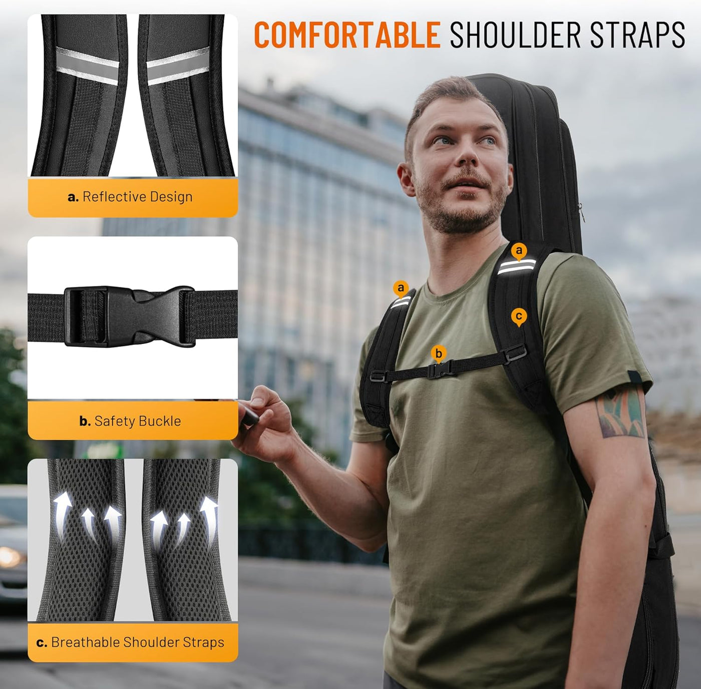 Man wearing a backpack with highlighted features on a city street background