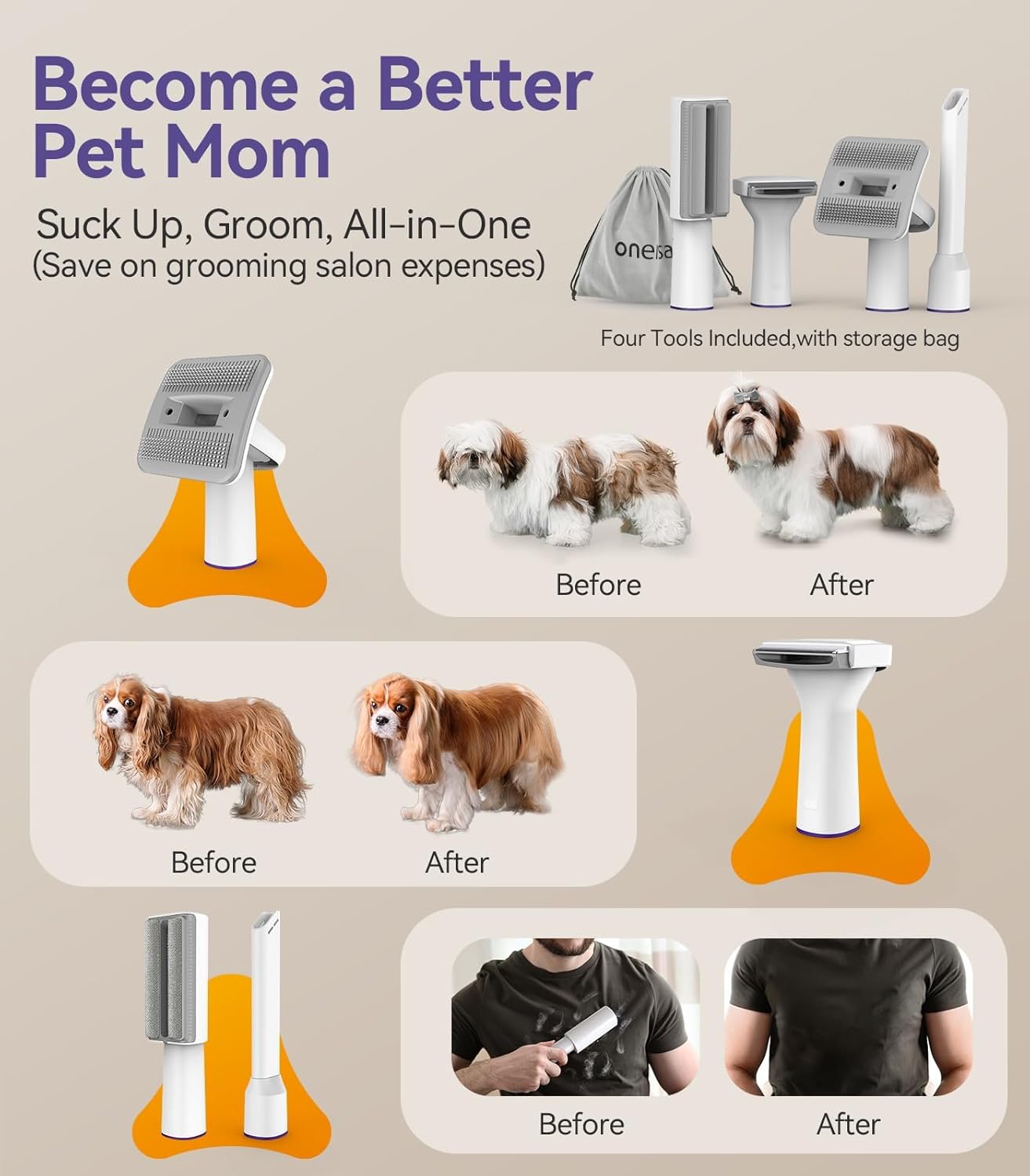 oneisall Dog Grooming Vacuum Kit – 99% Hair Suction, Brush & 4 Grooming Tools