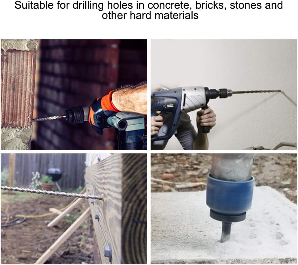Drill being used on concrete, bricks, stones, and other hard materials with text indicating suitability for drilling holes.
