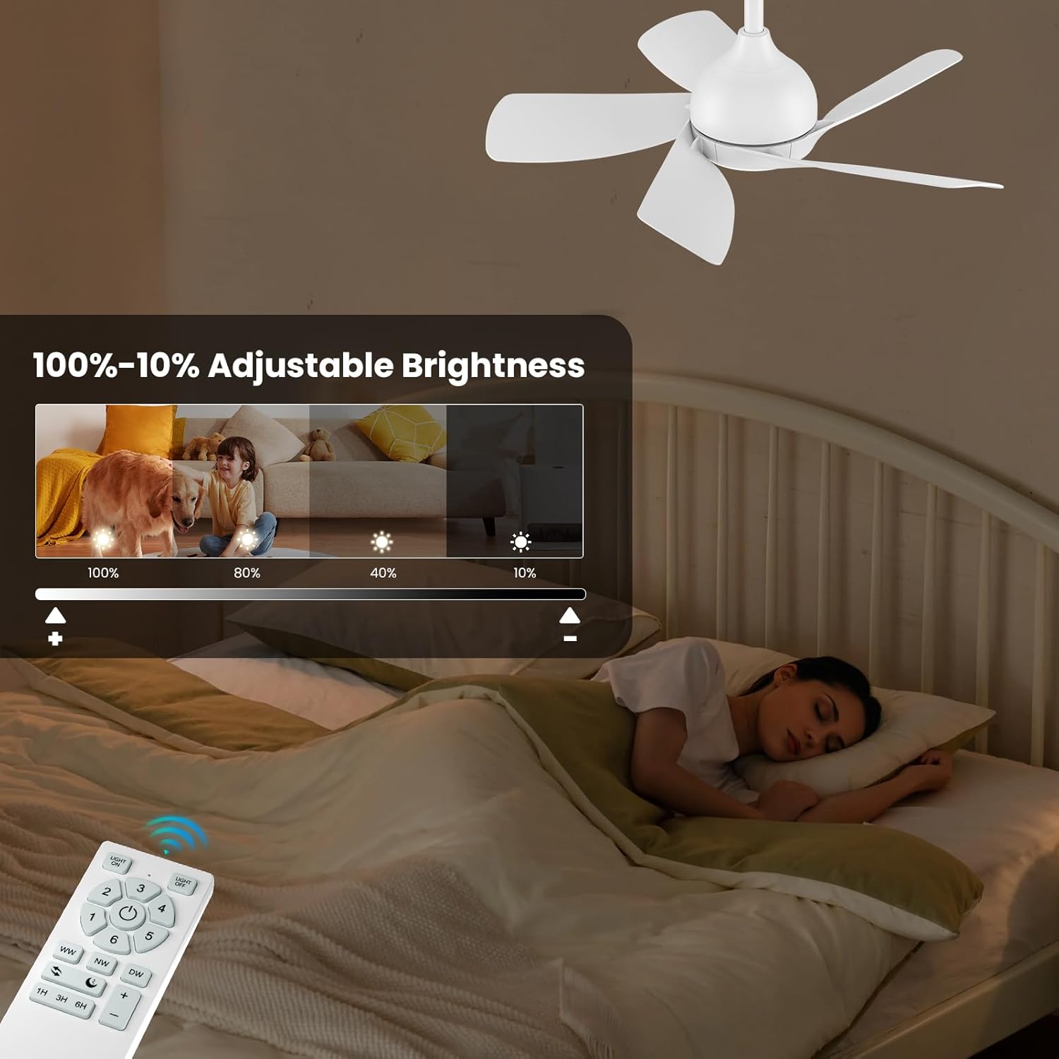 CJOY 30" White Ceiling Fan with Light, Quiet DC Motor, 5 Blades, 6 Speeds, White