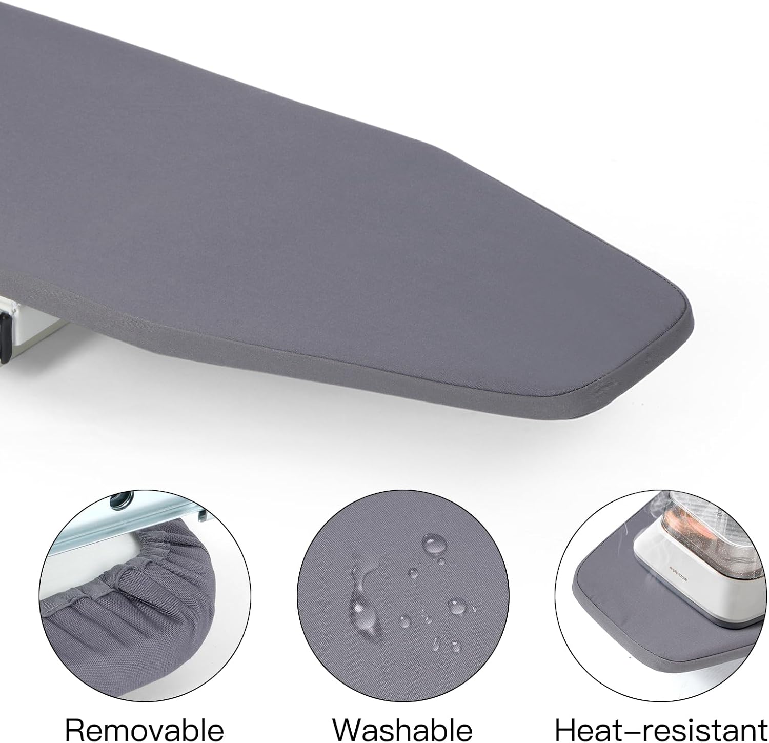 Gray ironing board with features indicating it is removable, washable, and heat-resistant.