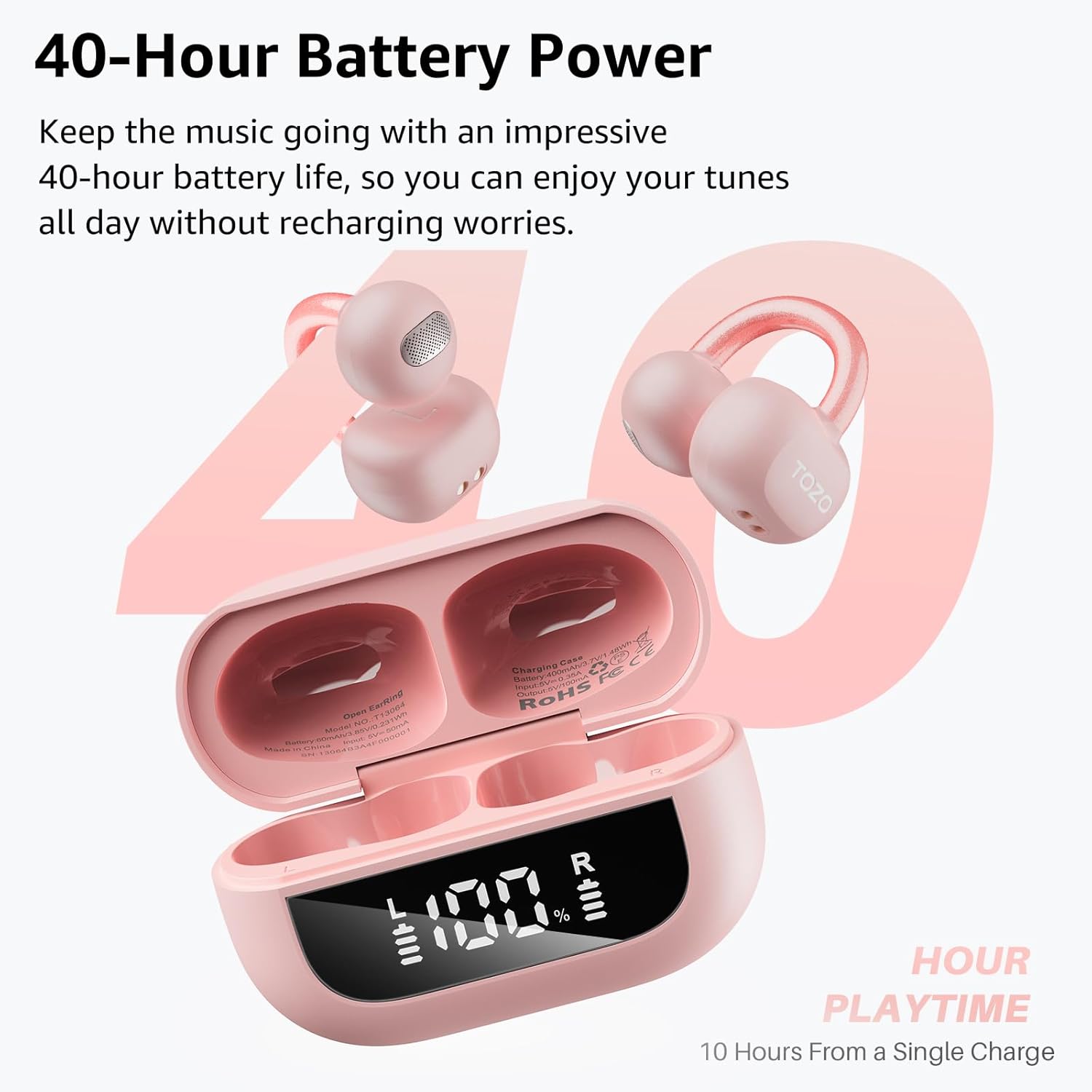 Pink wireless earbuds with charging case and 40-hour battery life text on a white background
