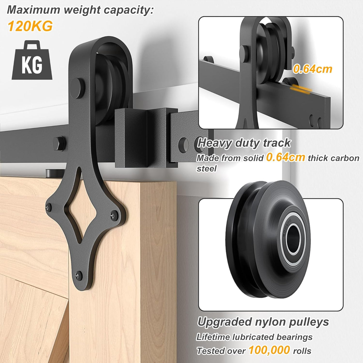 Heavy-duty sliding door track system with upgraded nylon pulleys and carbon steel construction.