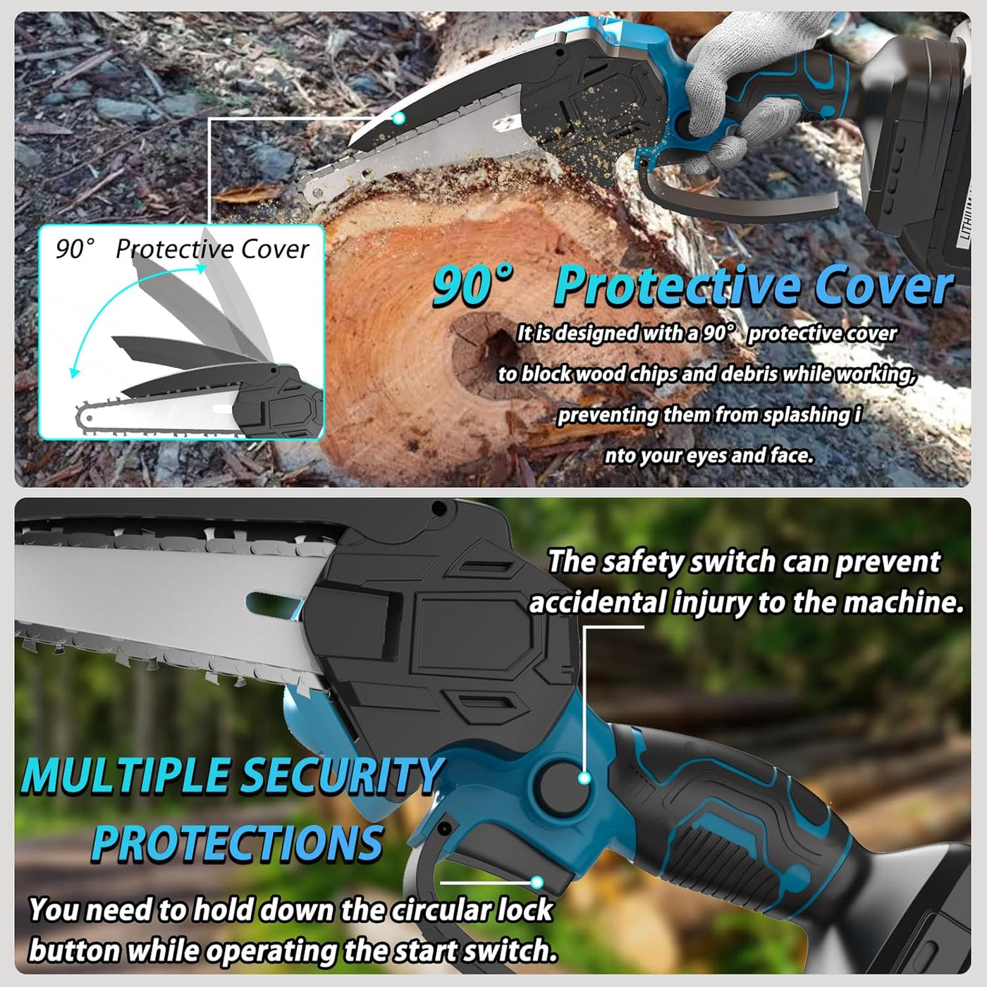 Cordless circular saw with protective cover and safety switch features, used for cutting wood.