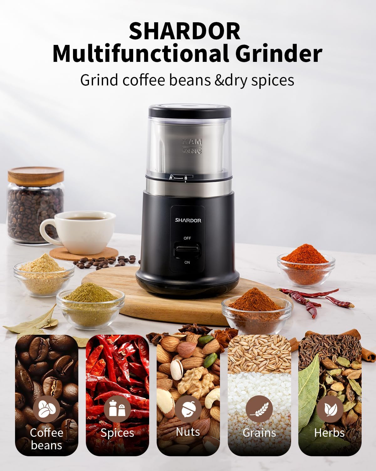 SHARDOR multifunctional grinder with coffee beans, spices, nuts, grains, and herbs on a white background