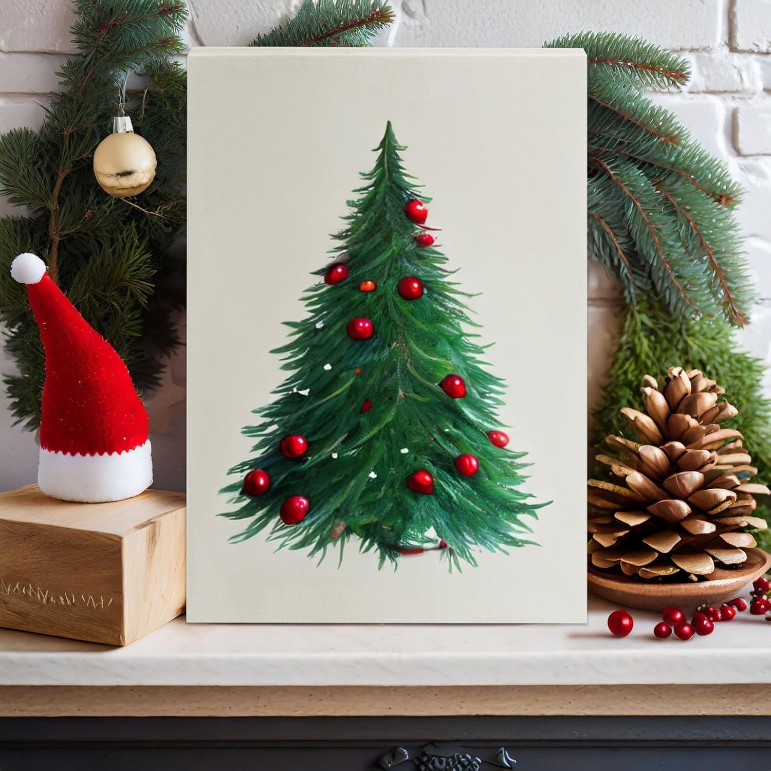 Decorative Christmas scene with a painting of a Christmas tree, pinecones, and ornaments.