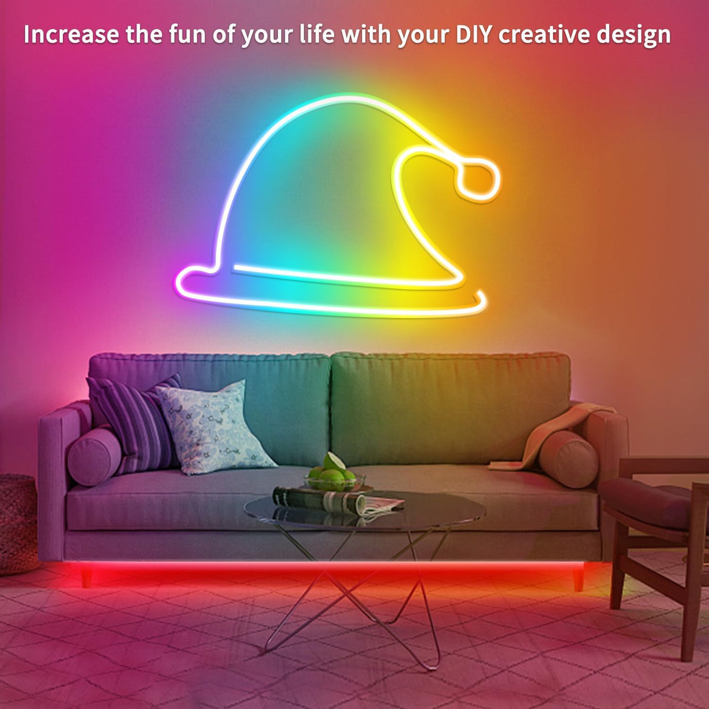 Neon light shaped like a witch hat in a living room with a couch and coffee table.