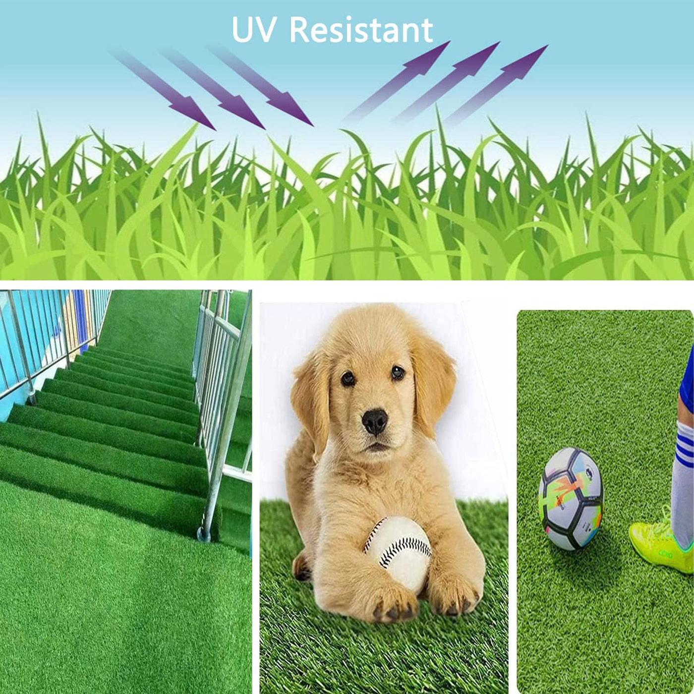 Collage of artificial grass with a dog, ball, and UV resistant text.