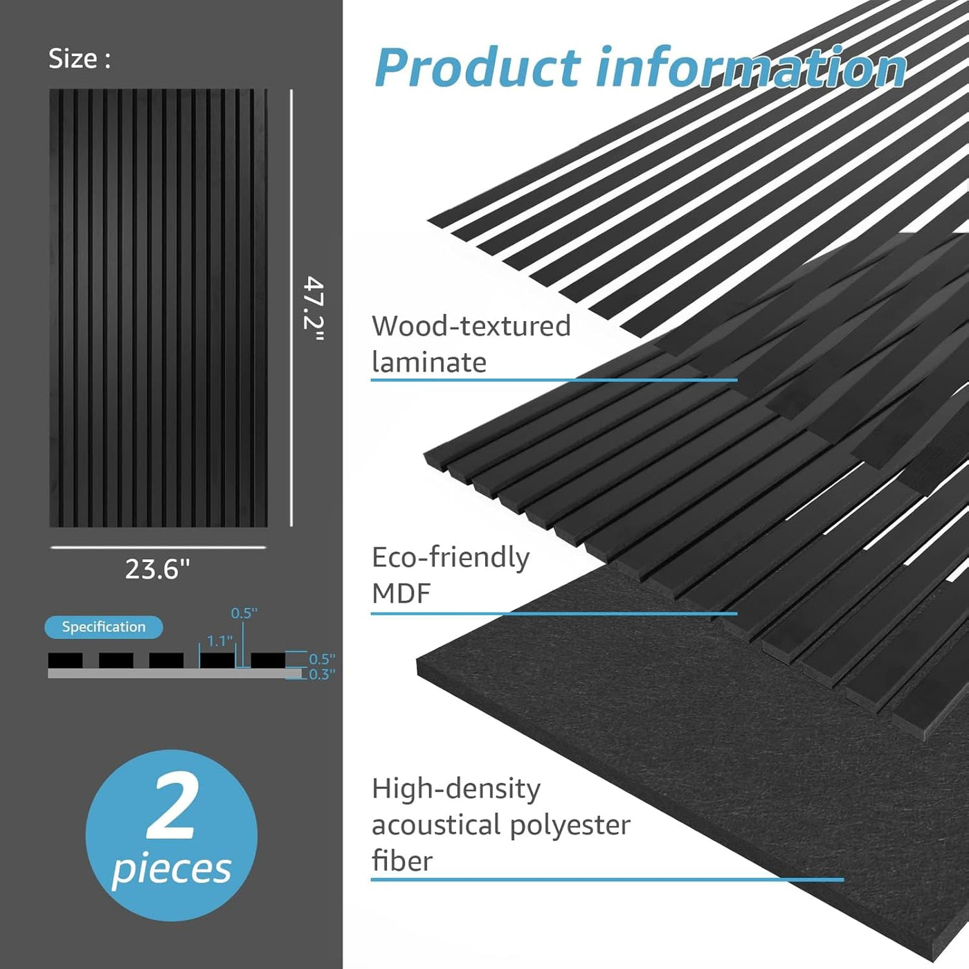 Art3d Acoustic Panels, 4 Wooden Slats Sound Absorbent, 2.88㎡ Wood Finish - Black